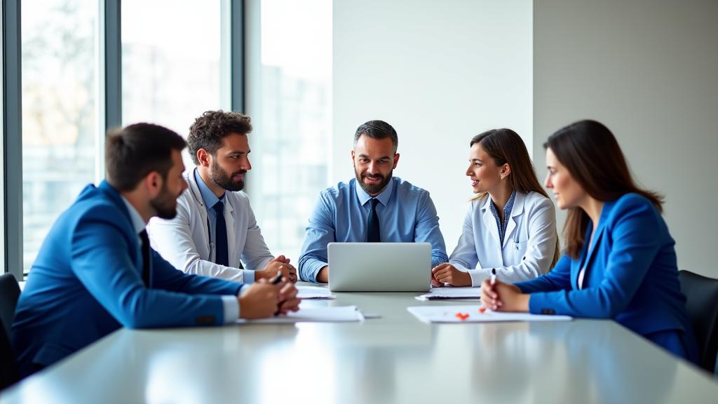 Diverse group of five medical and wellness professionals in a bright, modern meeting room, engaged in discussion around a conference table.