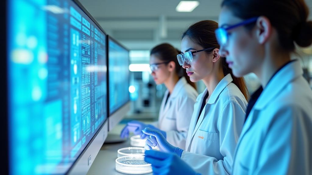 Scientists in a bright, modern lab examining data on screens and in petri dishes, symbolizing rigorous research and analysis.