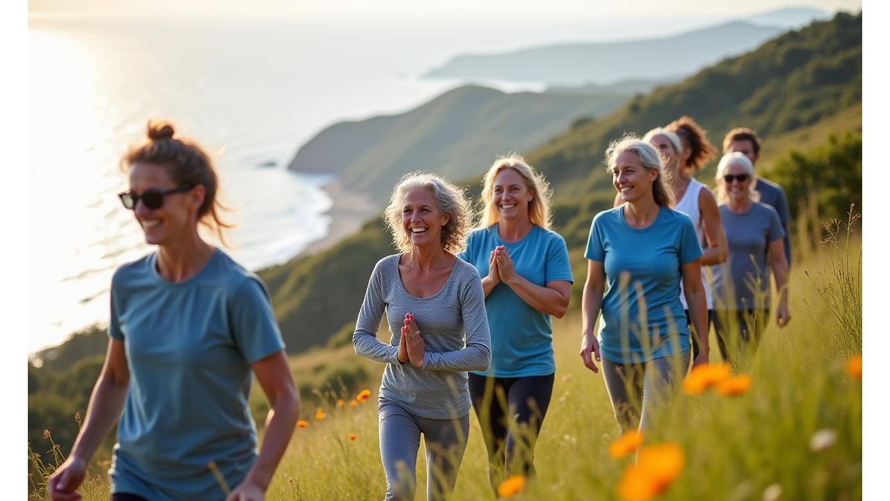 Happy, diverse group of smiling adults, mid-30s to 60s, engaged in a vibrant outdoor group activity like a guided walk or light yoga, reflecting community and wellness achievement.