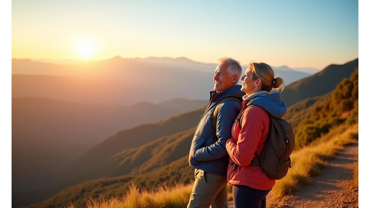 Two adults, mid-40s, hiking triumphantly on a scenic mountain path, looking strong and healthy, representing vitality and achievement.