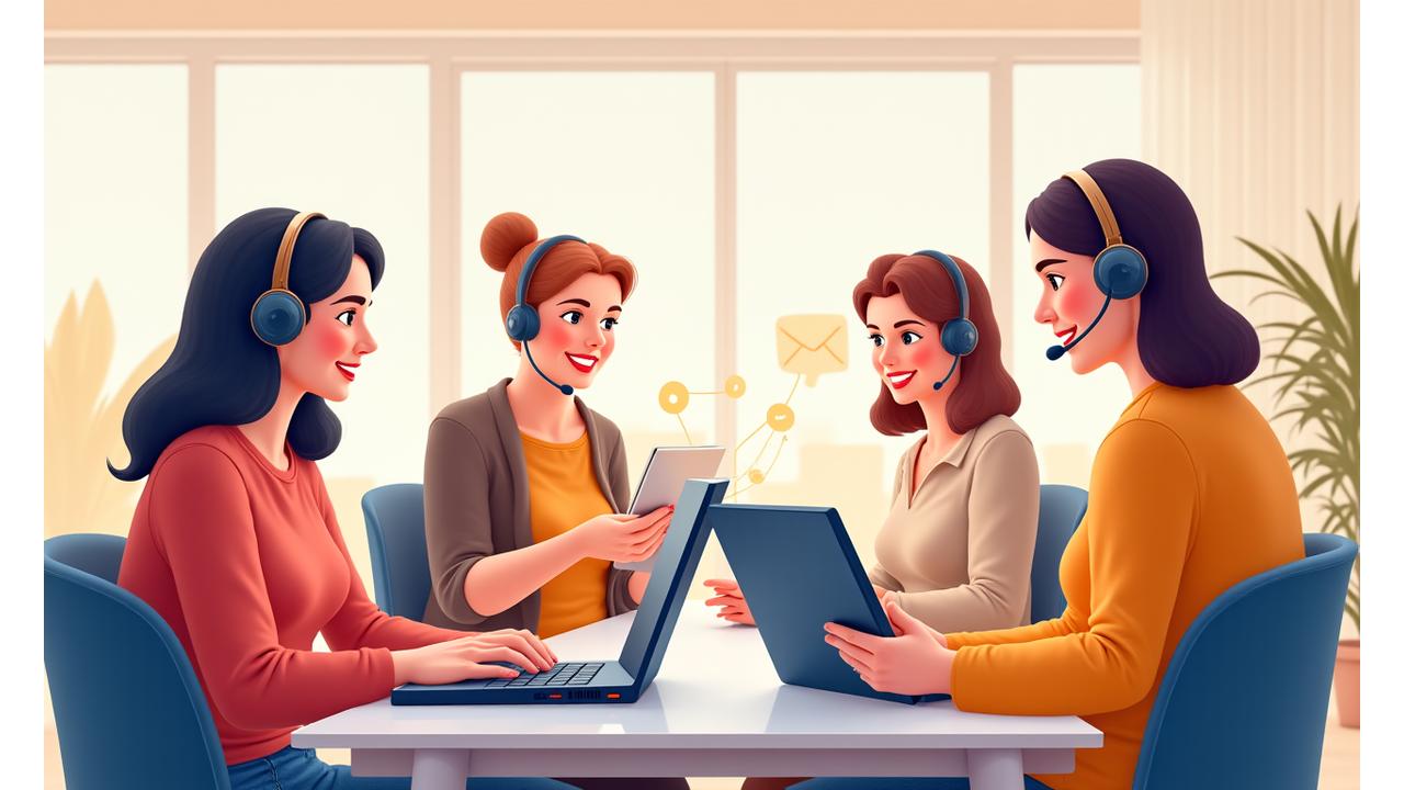 Illustration of a friendly customer support team engaging with wellness clients on various devices, showcasing diverse contact options.