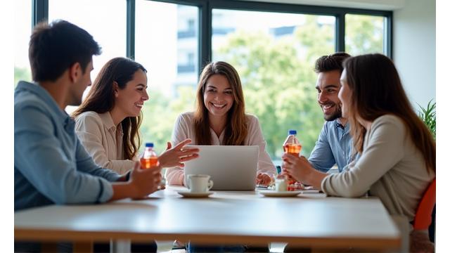 Diverse group of employees collaborating in a modern office, representing a successful corporate wellness program.