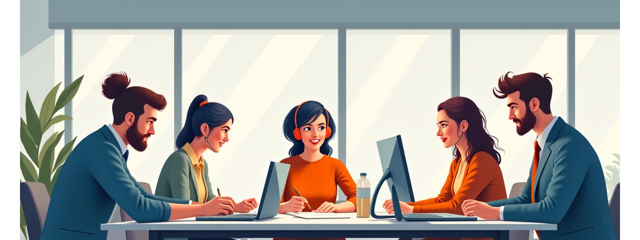 Illustration of a diverse group of friendly support specialists working collaboratively in a modern, light-filled office, focused on helping clients.