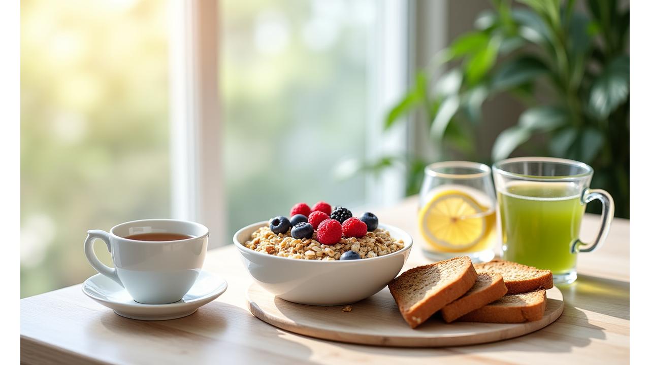 A balanced breakfast with whole grains, fresh fruit, and a cup of green tea, symbolizing healthy living for adults 35+