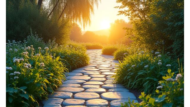 A serene garden path leading towards a vibrant horizon, symbolizing a long and healthy life
