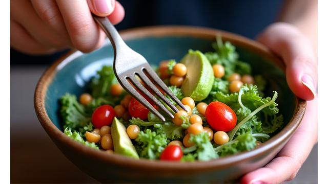 A person mindfully enjoying a colorful salad, focusing on the texture and taste