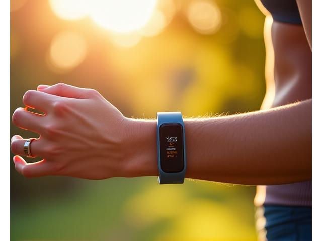 A close-up shot of a fitness tracker band on a person's wrist, showing a minimalist display with step count and calorie burn information. The background features a vibrant, active setting like a park.