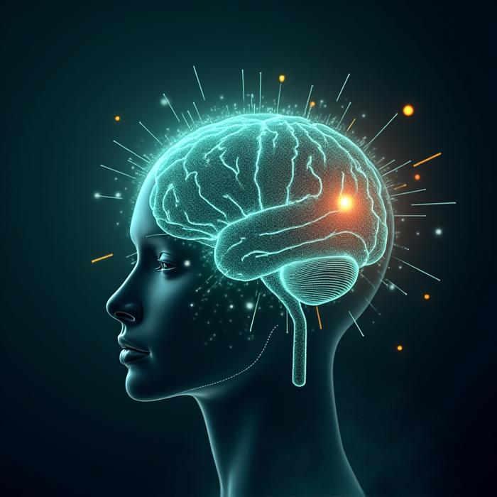 A futuristic brain interface being projected with glowing health data visuals, surrounded by subtle representations of AI and biotechnological elements, set against a dark but inviting background.