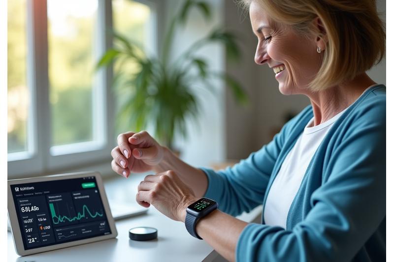 A woman in her late 40s smiling while looking at data on a smartwatch, with a tablet displaying health metrics in the background, surrounded by various modern, sleek wellness devices like a smart scale and a continuous glucose monitor.