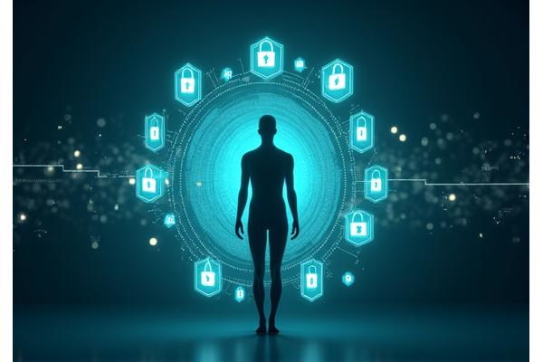 A digitally rendered image of interconnected shields and lock icons floating around a central healthy human figure, symbolizing data protection and privacy in a digital health context. Colors are dominated by blues and greens.