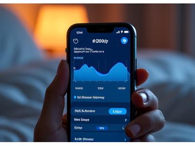 A mobile phone screen showing a sleep tracking app's detailed graph of sleep cycles, with an overlay of restful, calm imagery, possibly a dimly lit bedside table.