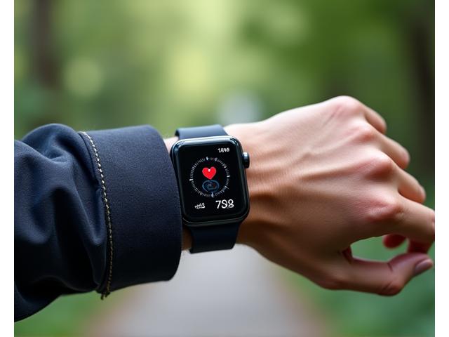 A high-resolution image of a sleek smartwatch displaying heart rate data on a mature adult's wrist, against a blurred background of a serene walking path.