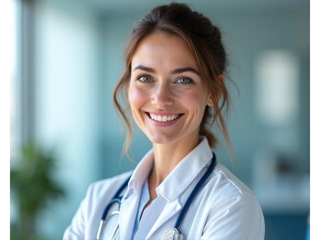 Portrait of Dr. Evelyn Reed, a friendly female physician looking directly at the camera.