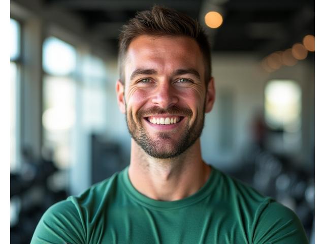 Portrait of Jake Thompson, a confident male fitness trainer in a clean gym environment.