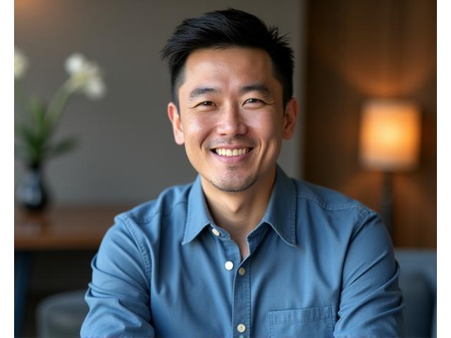 Portrait of Mark Chen, a calm male therapist in a comfortable office setting.