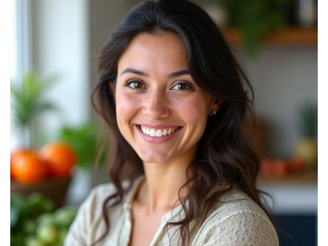 Portrait of Sara Khan, a smiling female registered dietitian with fresh fruits in the background.
