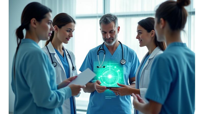A diverse team of medical professionals reviewing patient charts and collaborating, symbolizing a comprehensive care network.