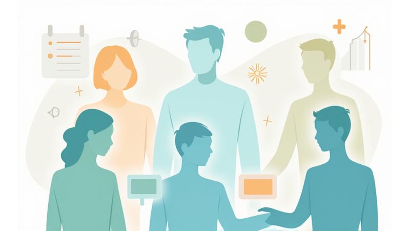 An illustration showing a group of diverse adults participating in a virtual Q&A session with an expert on screen, featuring chat bubbles and interactive elements.