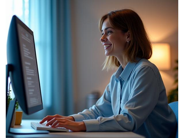 A friendly, professional moderator (woman in her 40s) engaging with a community online, subtle visual cues of digital moderation tools, soft, inviting lighting.
