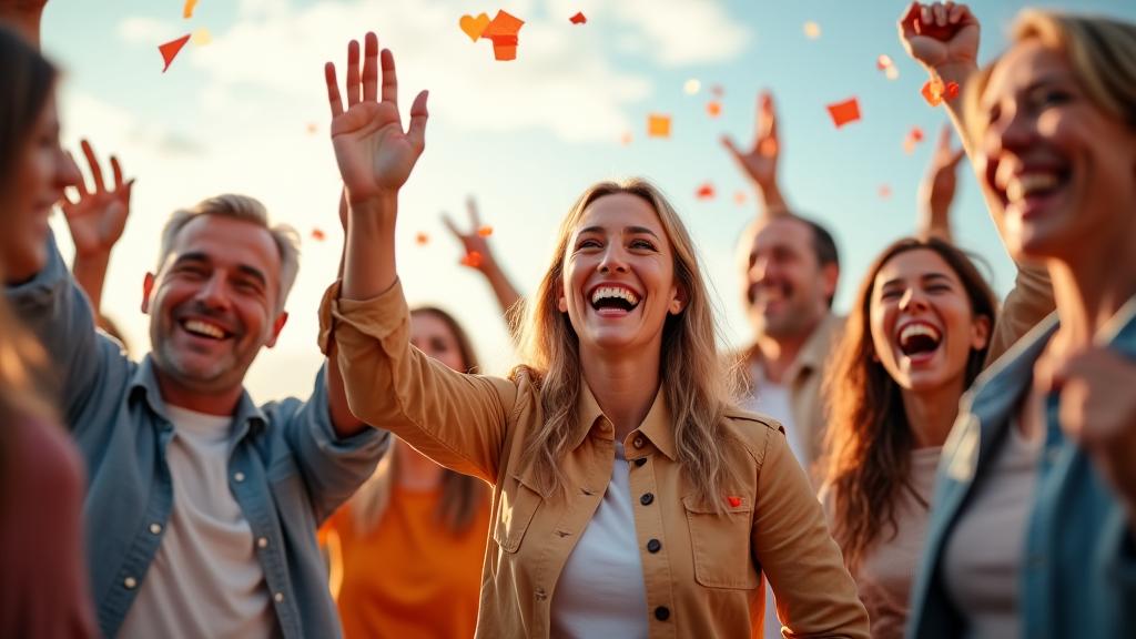 Happy diverse group of adults of varying ages celebrating with hands in the air, confetti, and positive expressions, symbolizing shared success and community.'