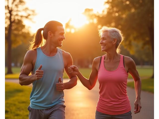 Two diverse adults in their 40s-50s smiling and high-fiving after a workout in a park, symbolizing accountability and peer support.