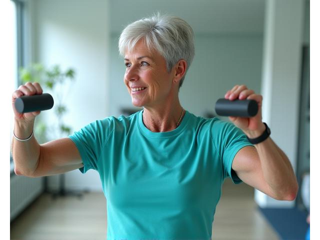 A mature adult strength training with light weights in a bright, modern gym setting.