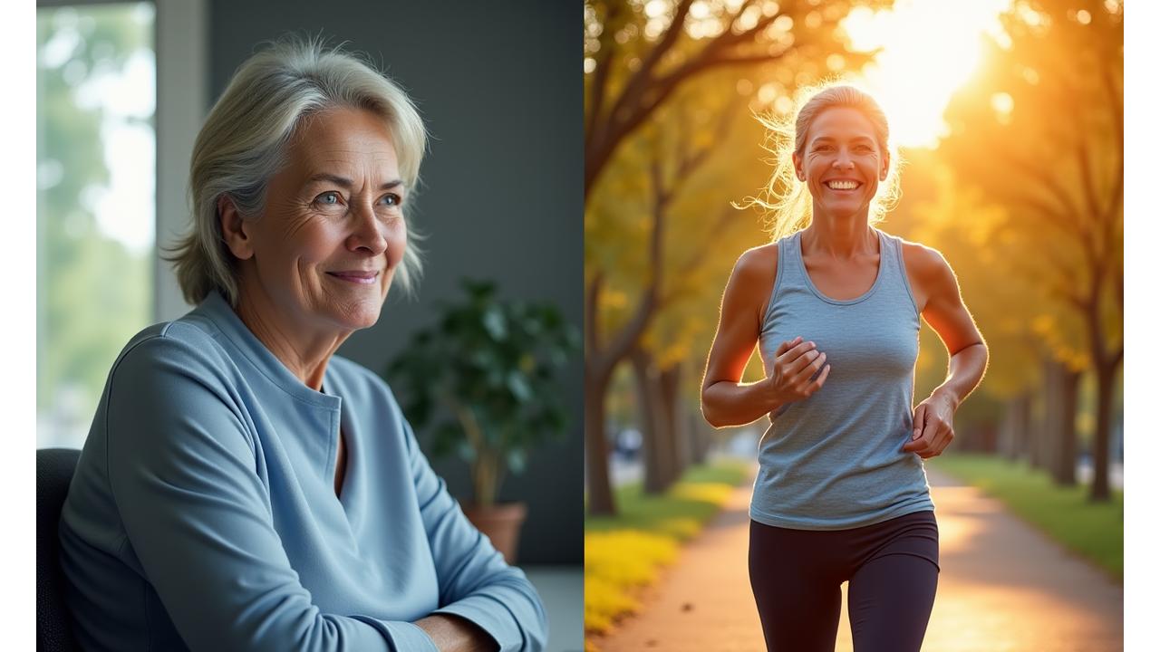 A woman in her late 40s demonstrating increased energy. First half shows her looking tired at a desk, second half shows her smiling and energized during an outdoor walk. Split image conveying a before and after transformation.