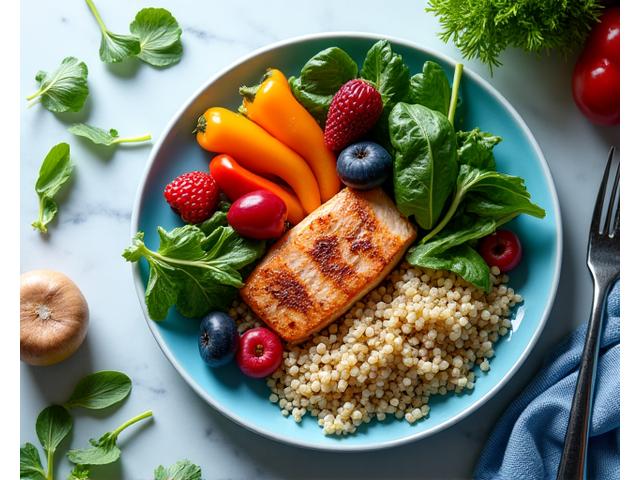A vibrant and healthy plate of food, rich in colorful vegetables, lean protein, and whole grains, symbolizing balanced nutrition.