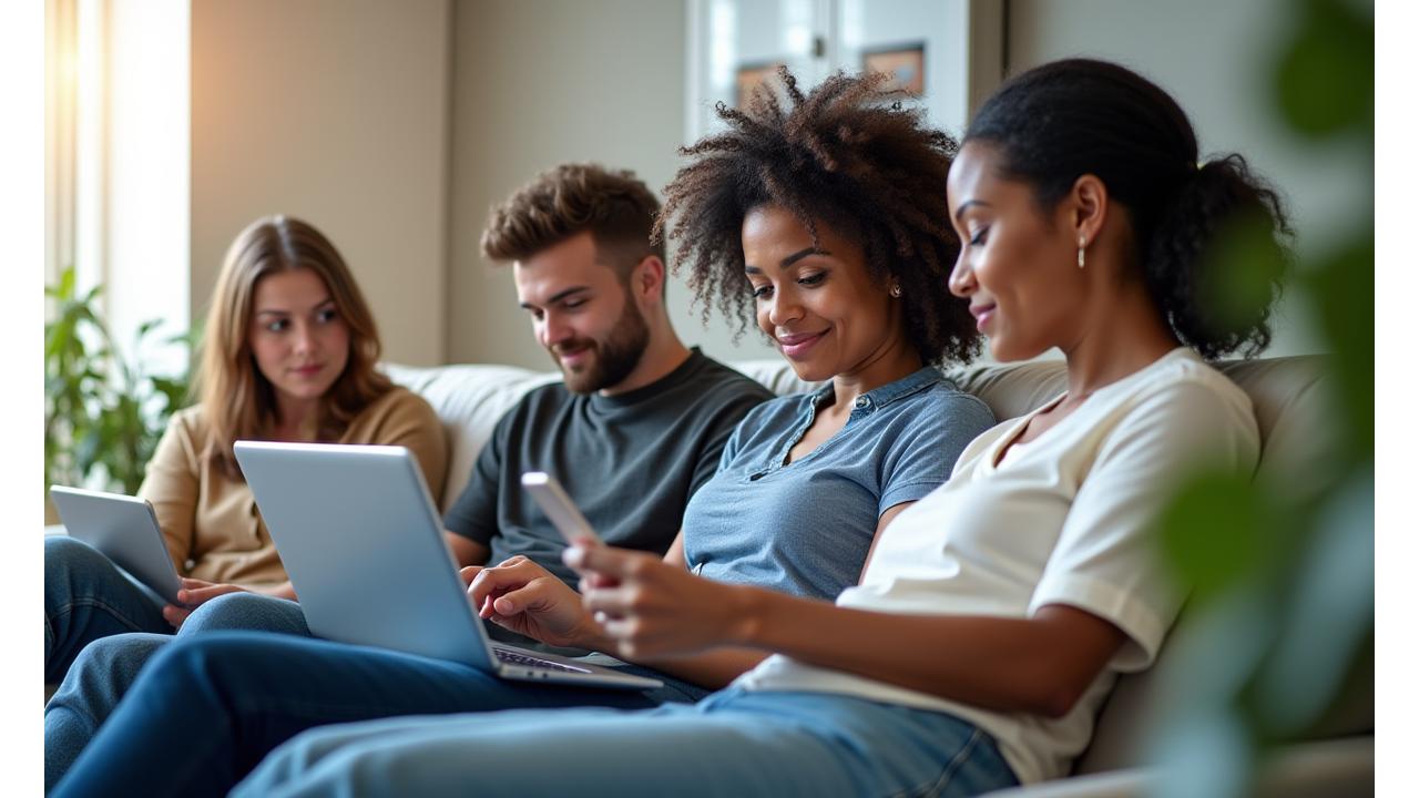 A diverse group of adults aged 35-50 engaging with various digital wellness tools on tablets and laptops, illustrating personalized health assessments and digital support.