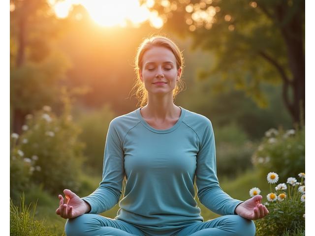 A person practicing mindfulness meditation in a calm, natural setting, symbolizing stress relief.