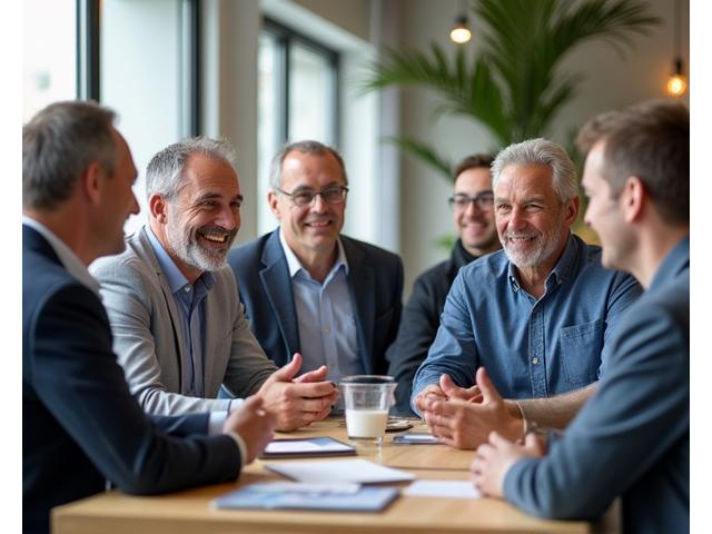 Group of diverse men in their 40s-60s engaged in an active discussion, possibly at a wellness workshop or community meeting.