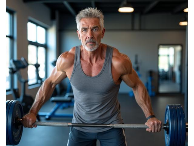 Man in his 40s performing modified weightlifting with good form in a modern gym setting.