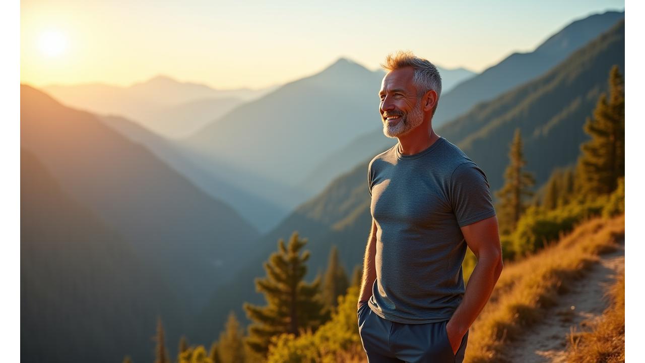 Mature man in activewear looking confidently into the distance on a mountain trail, vibrant and healthy.