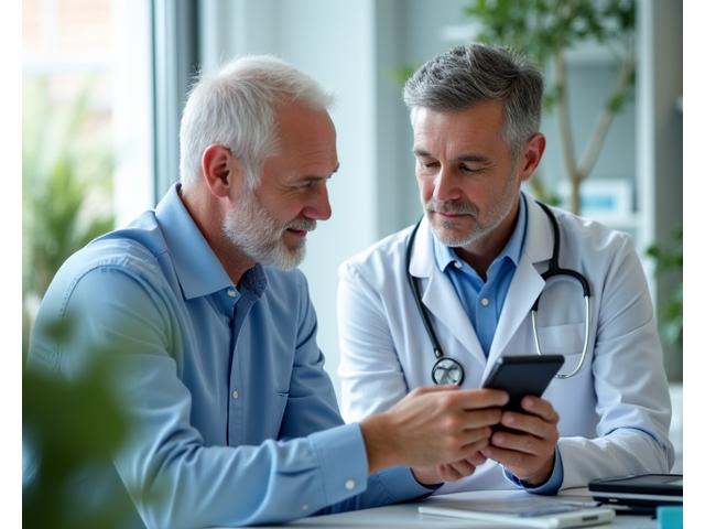 Doctor discussing preventative health measures with a male patient in a modern clinic.