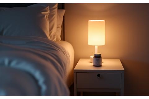 A bedside scene with a smart sleep tracking device and a natural sleep aid supplement bottle.