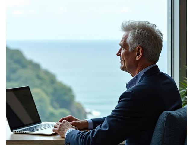 Man in thought, calmly contemplating a serene landscape with a laptop nearby, reflecting work-life balance.