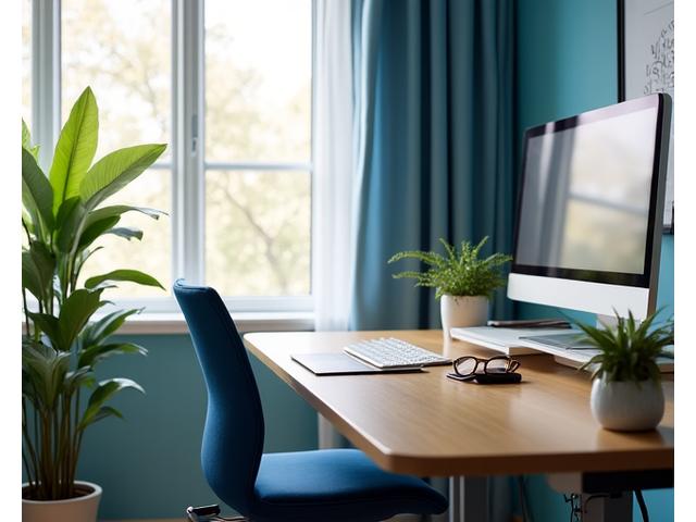 A thoughtfully designed ergonomic home office space featuring an adjustable stand-up desk, an ergonomic chair, and proper monitor setup, promoting good posture and comfort.
