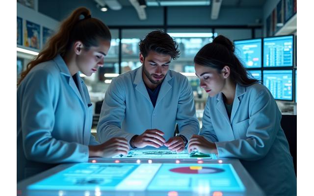 A team of diverse health experts (nutritionist, doctor, fitness professional) collaborating in a modern lab setting, reviewing data and product prototypes, signifying a rigorous vetting process.