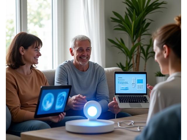 A diverse group of adults engaging with digital guides on tablets and laptops, setting up new wellness tech, with hands demonstrating seamless integration step-by-step.