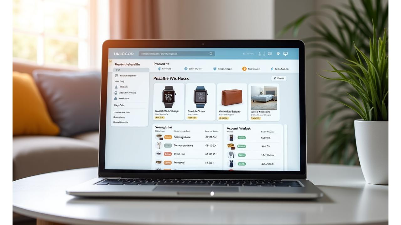 A clean, modern user dashboard interface showing personalized product recommendations, a wishlist, price alerts, and health goal progress tracking. The screen is displayed on a tablet or laptop in a comfortable home setting.