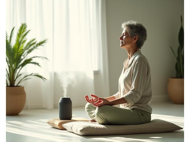 A person seated comfortably, practicing mindfulness with an elegant meditation cushion and a diffuse aroma, amidst a calming, minimalist environment, promoting stress reduction.