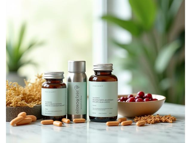 A balanced array of premium supplement bottles and natural ingredients like adaptogenic herbs, focused on hormone balance, energy, and cognitive support, arranged aesthetically on a wooden surface.