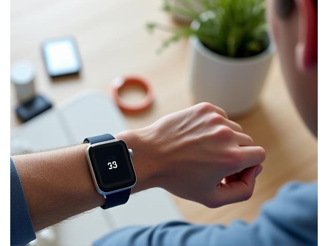 A sleek smartwatch tracking heart rate on a mature adult's wrist, surrounded by various fitness gadgets like smart scales and blood pressure monitors.