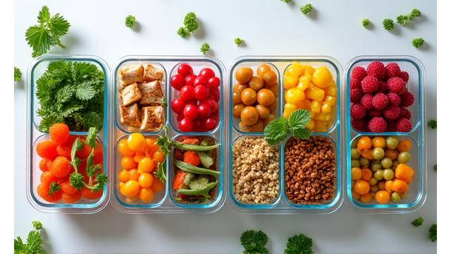 A balanced, vibrant meal prep with fresh produce and portioned containers.