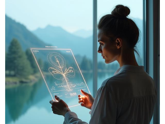 Person using advanced health tech while looking at a serene landscape, symbolizing integrated wellness and advanced tools.