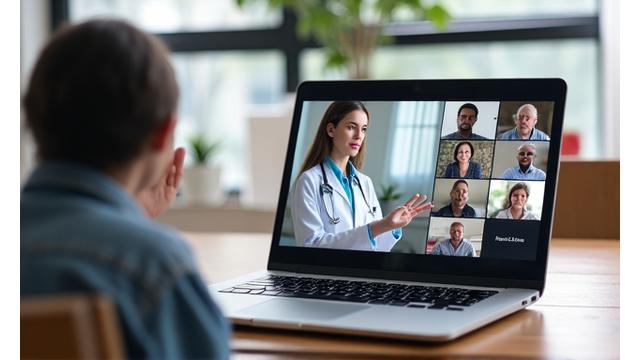 A diverse group of adults engaged in an online workshop, facilitated by a health expert on screen.