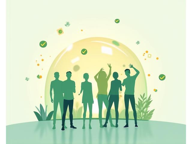 Illustration of diverse people interacting respectfully within a digital bubble, with moderation icons and green checkmarks.