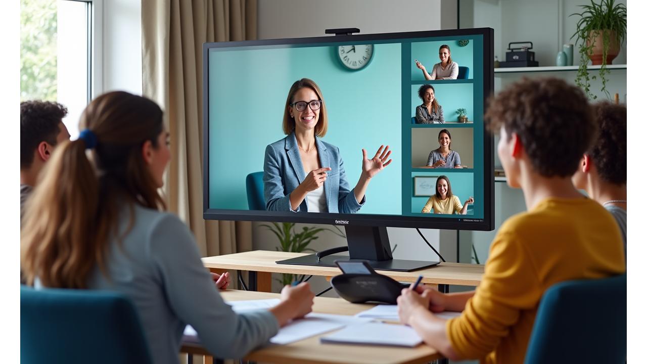 A diverse group of adults intently participating in an online workshop, with a clear focus on the expert speaker on a large screen.