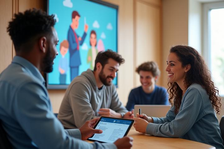 A split screen image. One side shows an expert giving a presentation on a tablet. The other shows diverse adults participating in a breakout discussion, smiling and engaged.