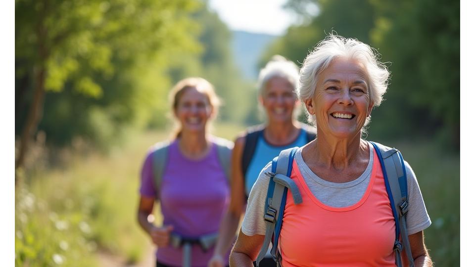 A diverse group of active, smiling women, aged 40-60, engaging in outdoor activities like hiking and light jogging, symbolizing strong bones and active lifestyles.